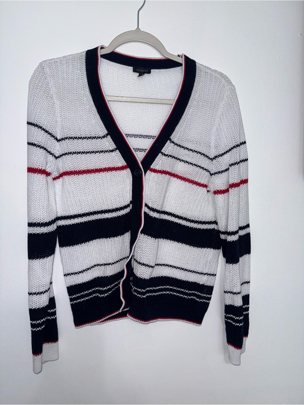 Talbots White Navy and Red Striped V-Neck Cardigan